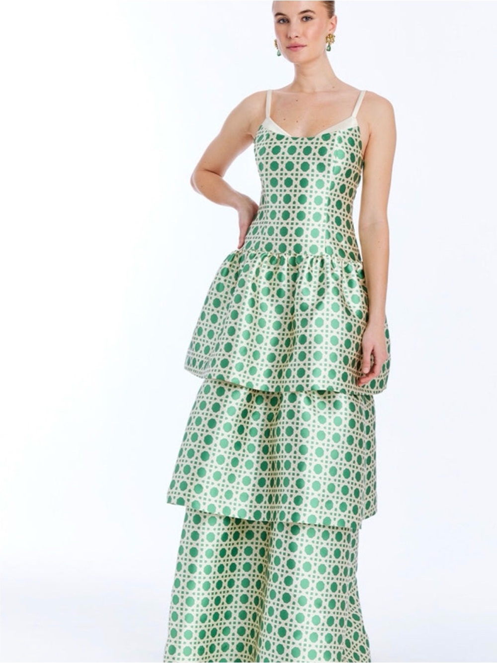 Tiered Green Geometric Maxi Dress with Spaghetti Straps